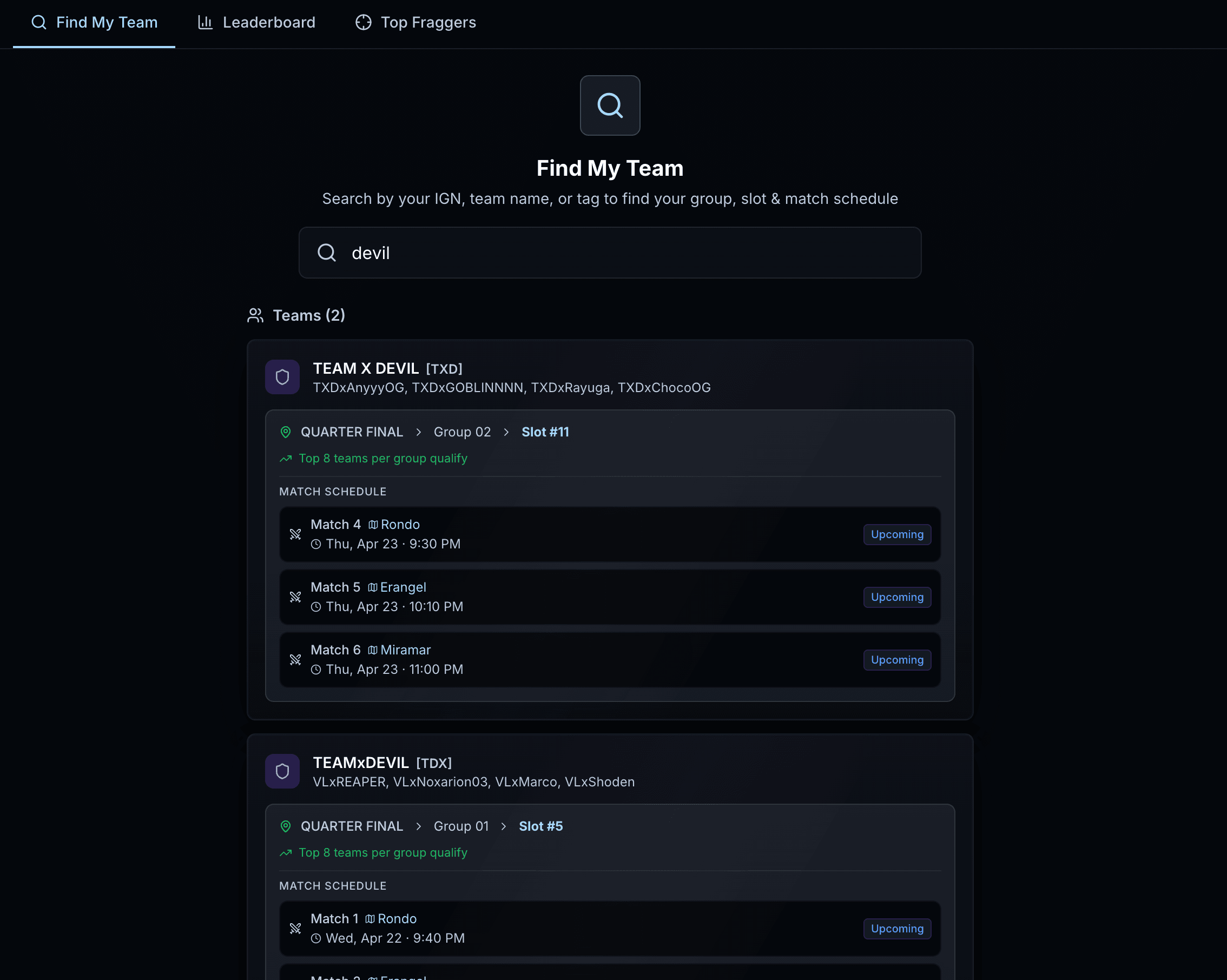 Public BGMI tournament page — players search their IGN to find slot, group and match schedule