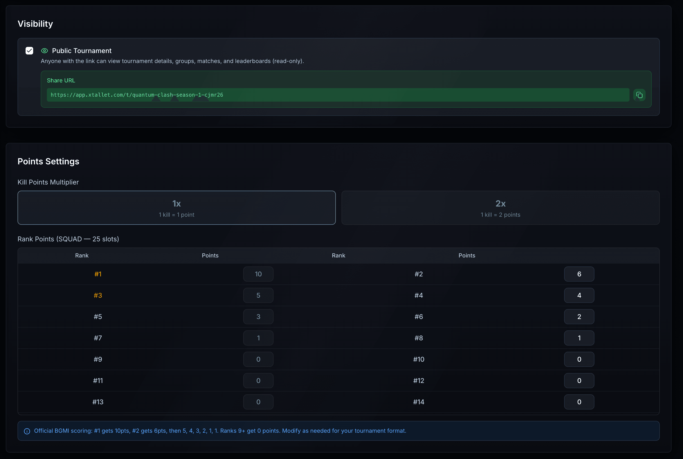 Tournament public visibility and sharing settings