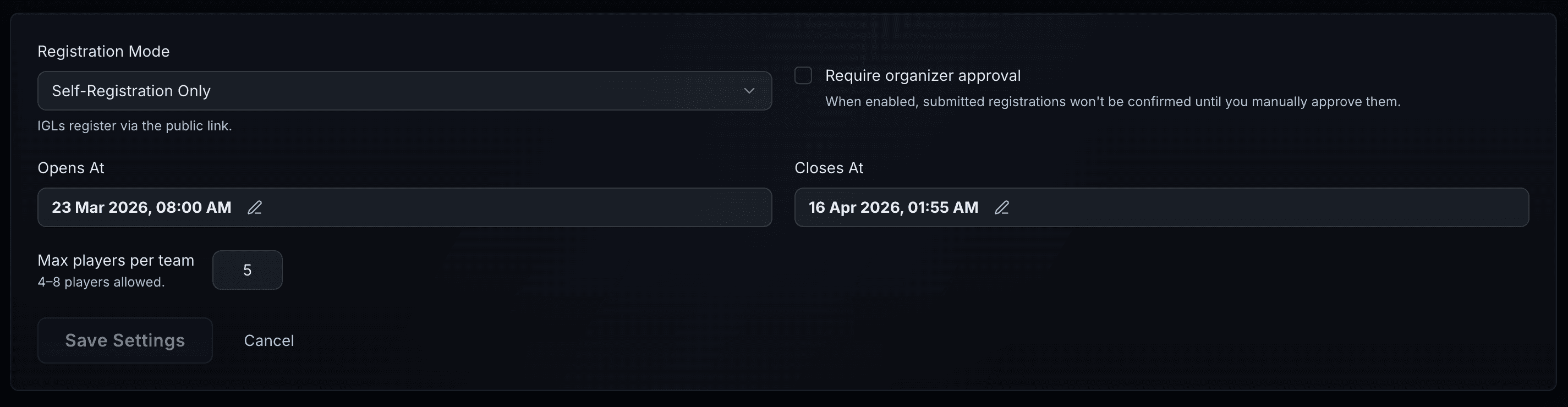 Tournament registration settings — fees, limits, deadlines